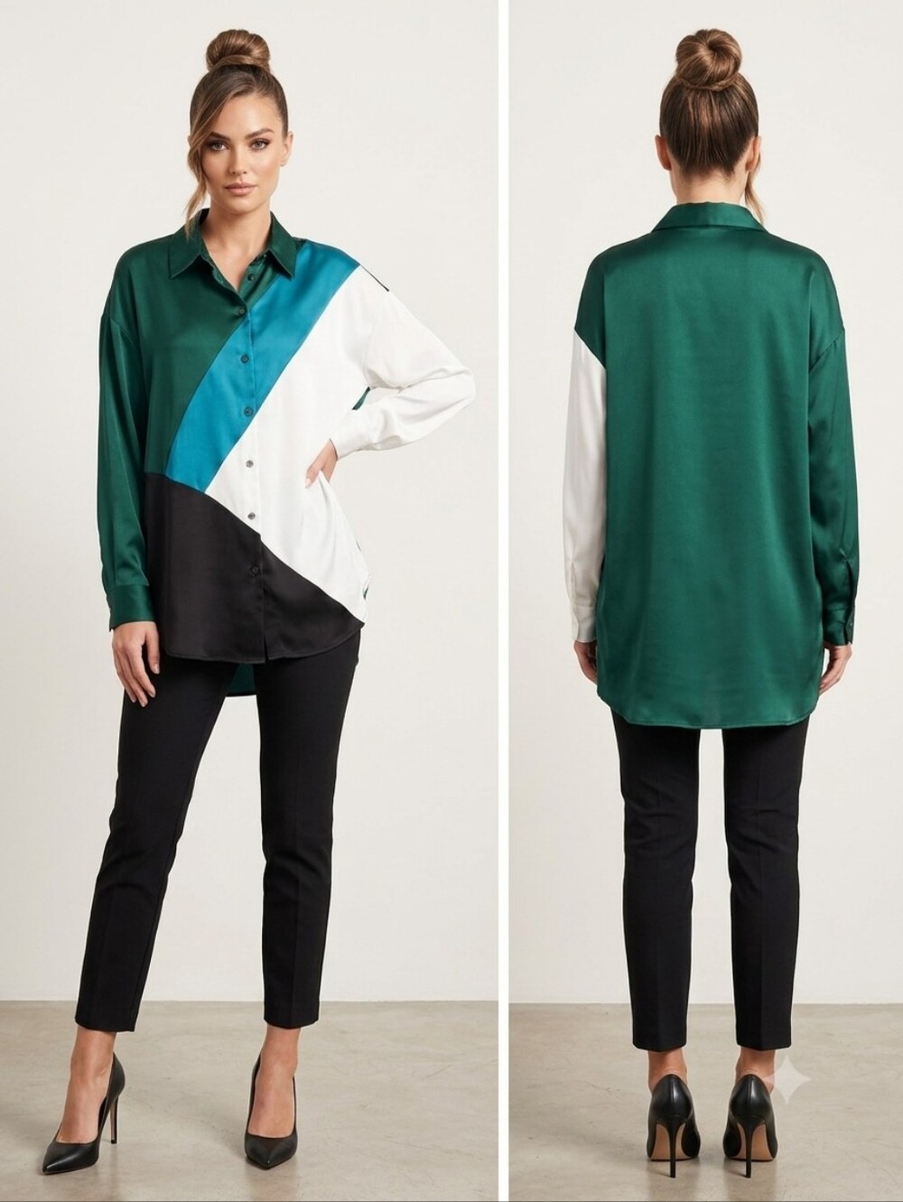 Karl Lagerfeld Emerald, Teal, White & Black‎ Satin Colorblock Shirt